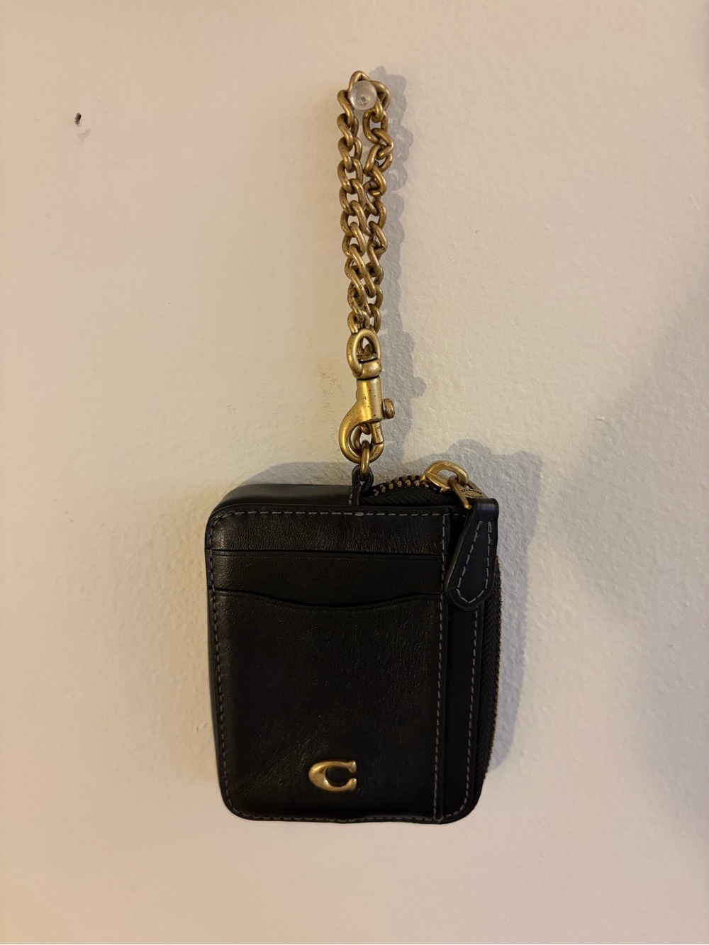 Coach Black Leather Card Case with Gold Chain Strap